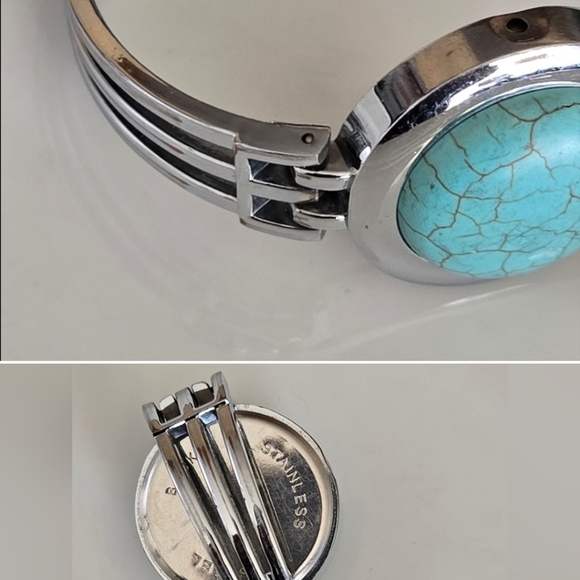 Vintage Faux Turquoise Silvertone Watch Band Style Bracelet - Picture 2 of 3